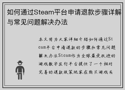 如何通过Steam平台申请退款步骤详解与常见问题解决办法