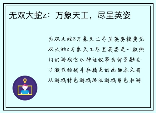 无双大蛇z：万象天工，尽呈英姿